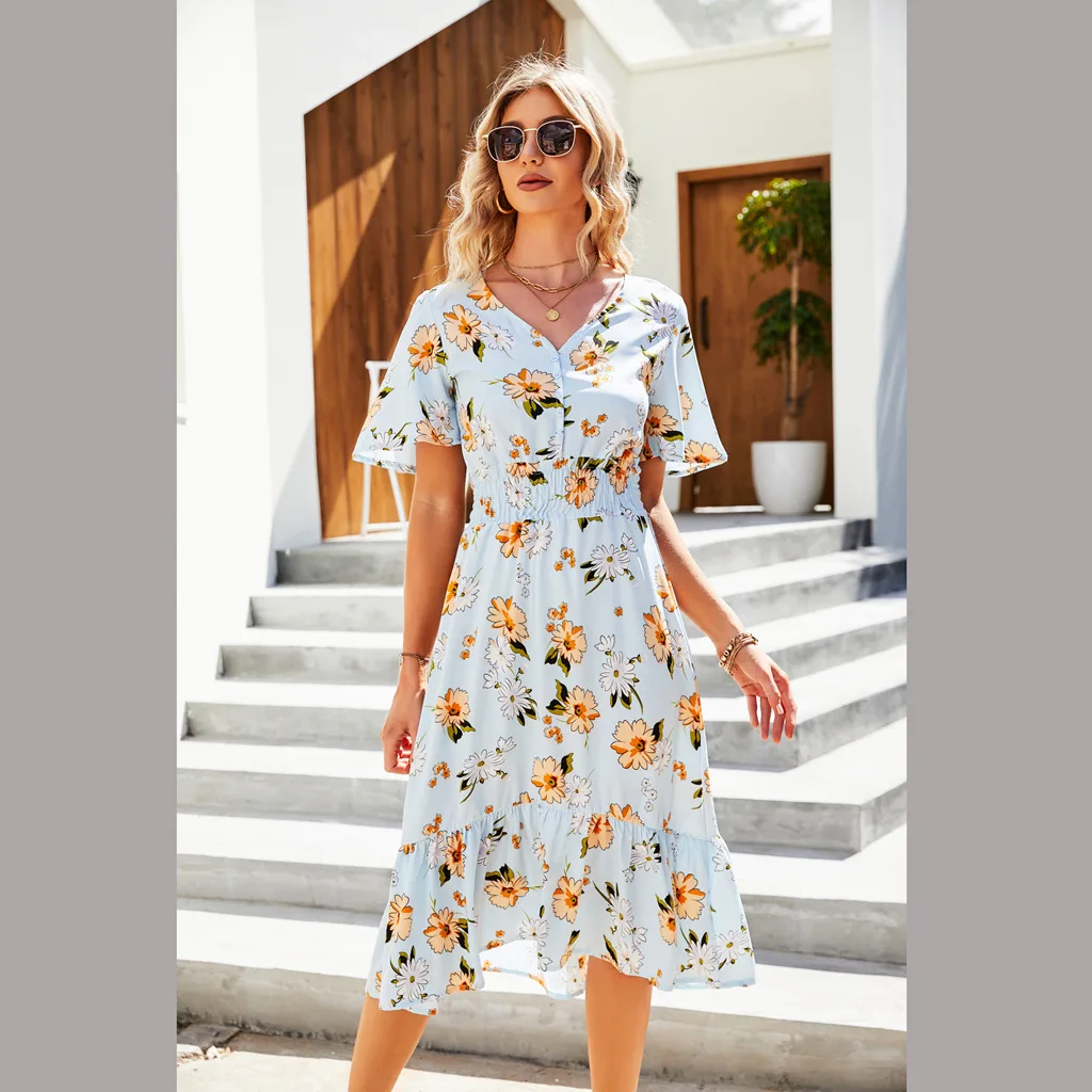 Summer 2022 new short sleeved Ruffle waist dress printed beach elegant skirt V-neck fashion casual Chiffon Dress