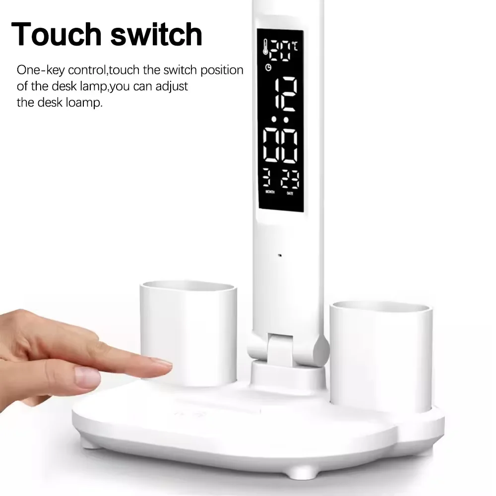 Foldable Led Double-headed Table Lamp Touch With Calendar Clock Usb Desk Lamp For Bedroom Bedside Reading Light