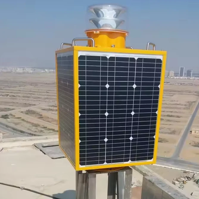 Air craft warning light telecom towers medium intensity obstruction beacon with integrated solar modules and battery systems