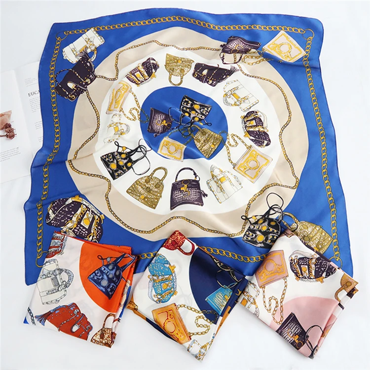 
Custom Digital Print Beautiful Square Bag Pattern Women Small Silk Satin Scarf For Painting Wholesale 
