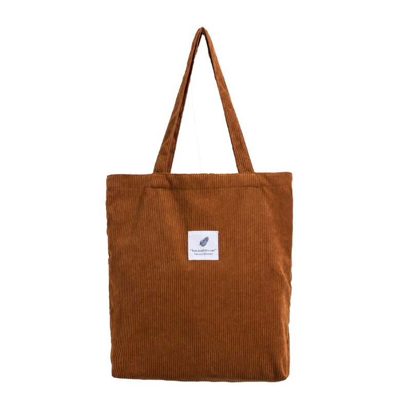 Brown Corduroy Shoulder Bag for Women Soft Reusable Tote Single Handle Fashionable Vintage Style for Casual Shopping