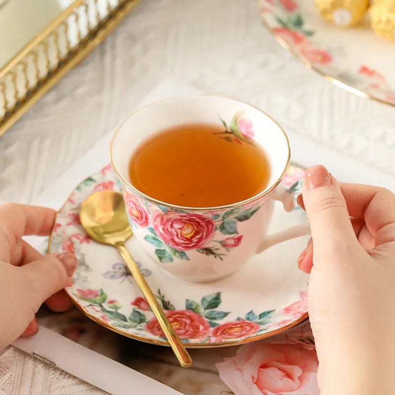 Pink Rose Garden Ceramic Coffee Cup Afternoon Teapot Dessert Cake Dinner Plate Tableware Tea Cup and Saucer Set
