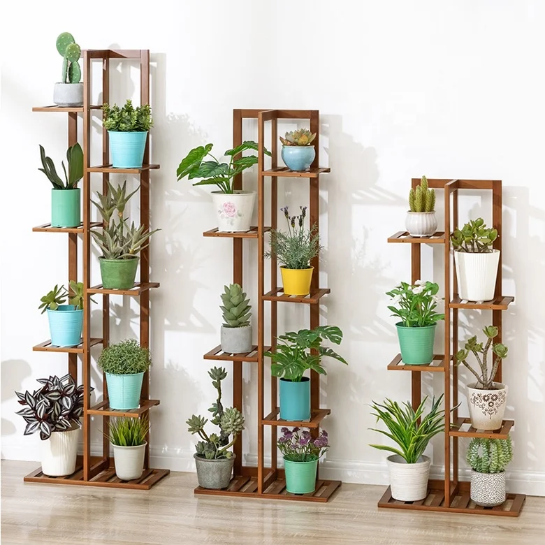 Shelf Plant Rack, Tall Plant Stand Indoor Outdoor Garden Flower Pots Display Holder 5 Tier Wrought Bamboo Square Natural Bamboo