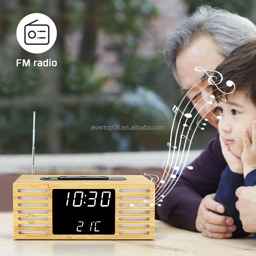 ET589 Home Decoration High Quality LED Bamboo Clock with FM Radio