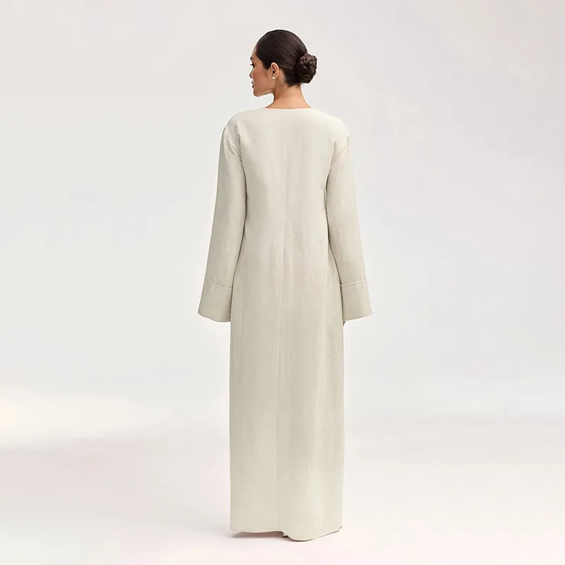 Custom 100% natural linen women muslim dress modest abaya solid color full length islamic dubai woman linen abaya button dress