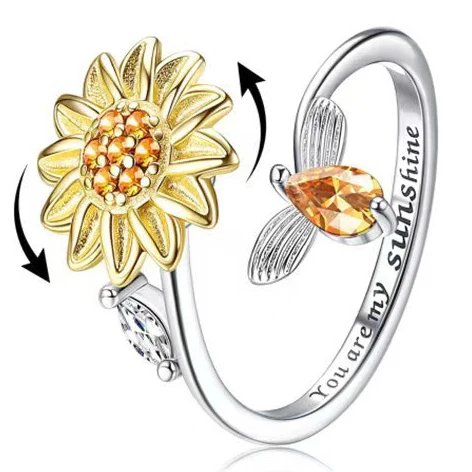 Adjustable Relieve Anxiety Spinner Ring Zircon Daisy Stars four-leaf Sunflower You are My Sunshine Open Ring Gift for Valentine