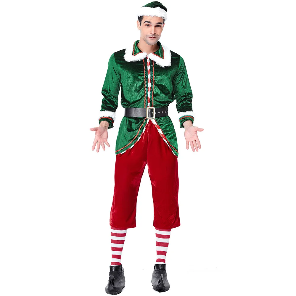 2023 Men Christmas Santa Claus Costume Green Elf Cosplay Family Christmas Party New Year Fancy Dress Clothes Set For Adult