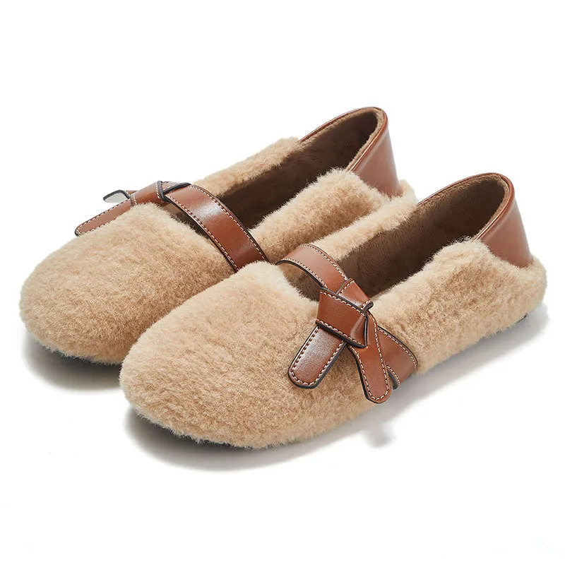 Cute Bow Knot Warm One-Pedal Loafers Women Wear Flat Office Slippers Shoes