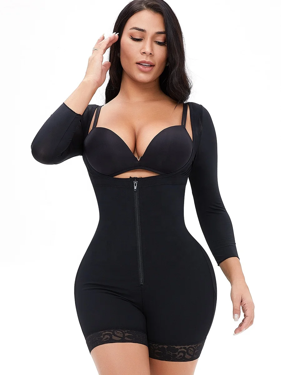 Plus size slim full body high waist girdles butt lifter Fajas anti gravity long sleeve front zipper button 3D shaping bodysuit