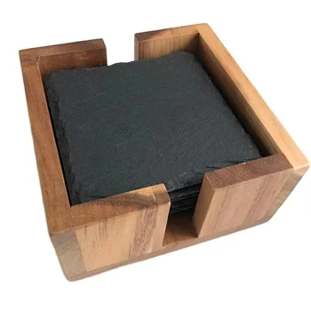 2024 Square Living Room Office Cup 10*10*0.5cm Blank Slate Coasters Smooth Slate Coasters With acacia wood