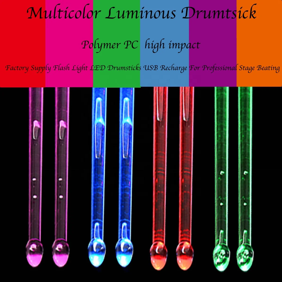 Multi 15 Colors Luminous Drum Stick 5A LED Light up with Switch USB Rechargeable Drumsticks