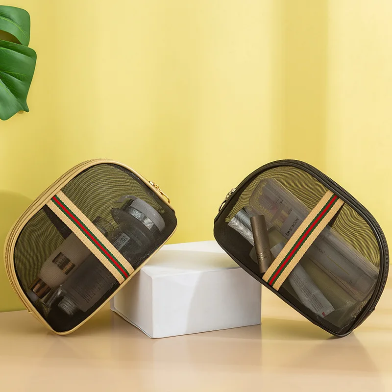 2022 Fashion Customize Mesh Women Makeup Bag Portable Transparent Travel Toiletry Bag With Gold Zipper