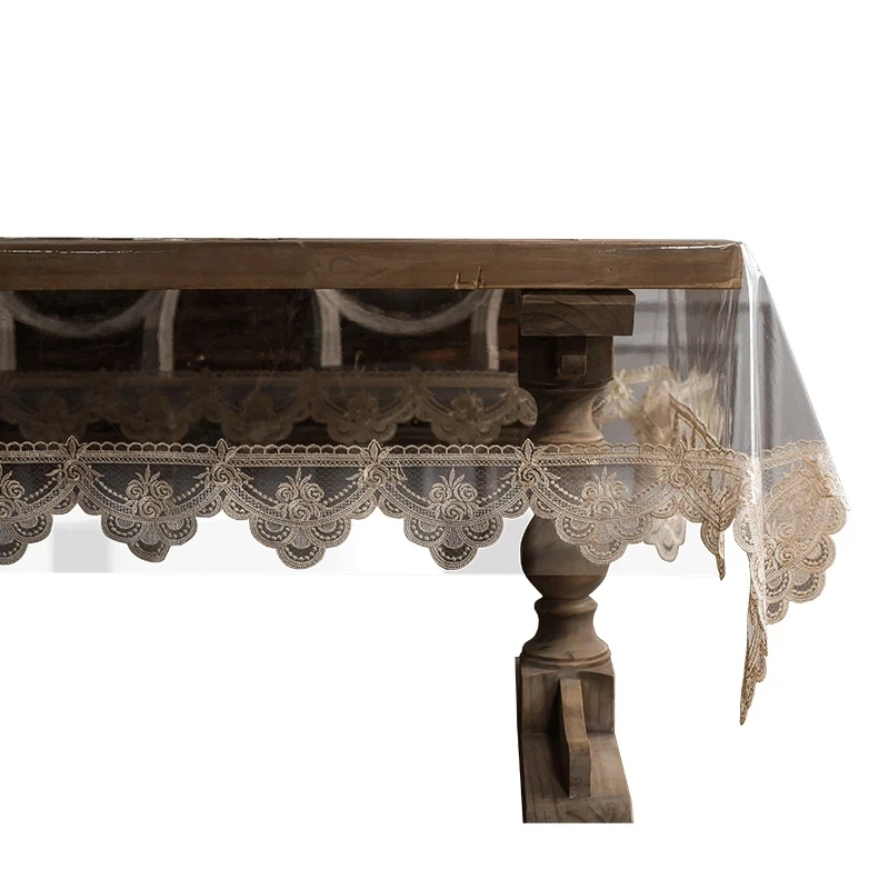 PVC Transparent Tablecloth with Golden Lace Waterproof Oil-proof Table Cover Coffee Table Crystal Plate Embroidered Table Cloth