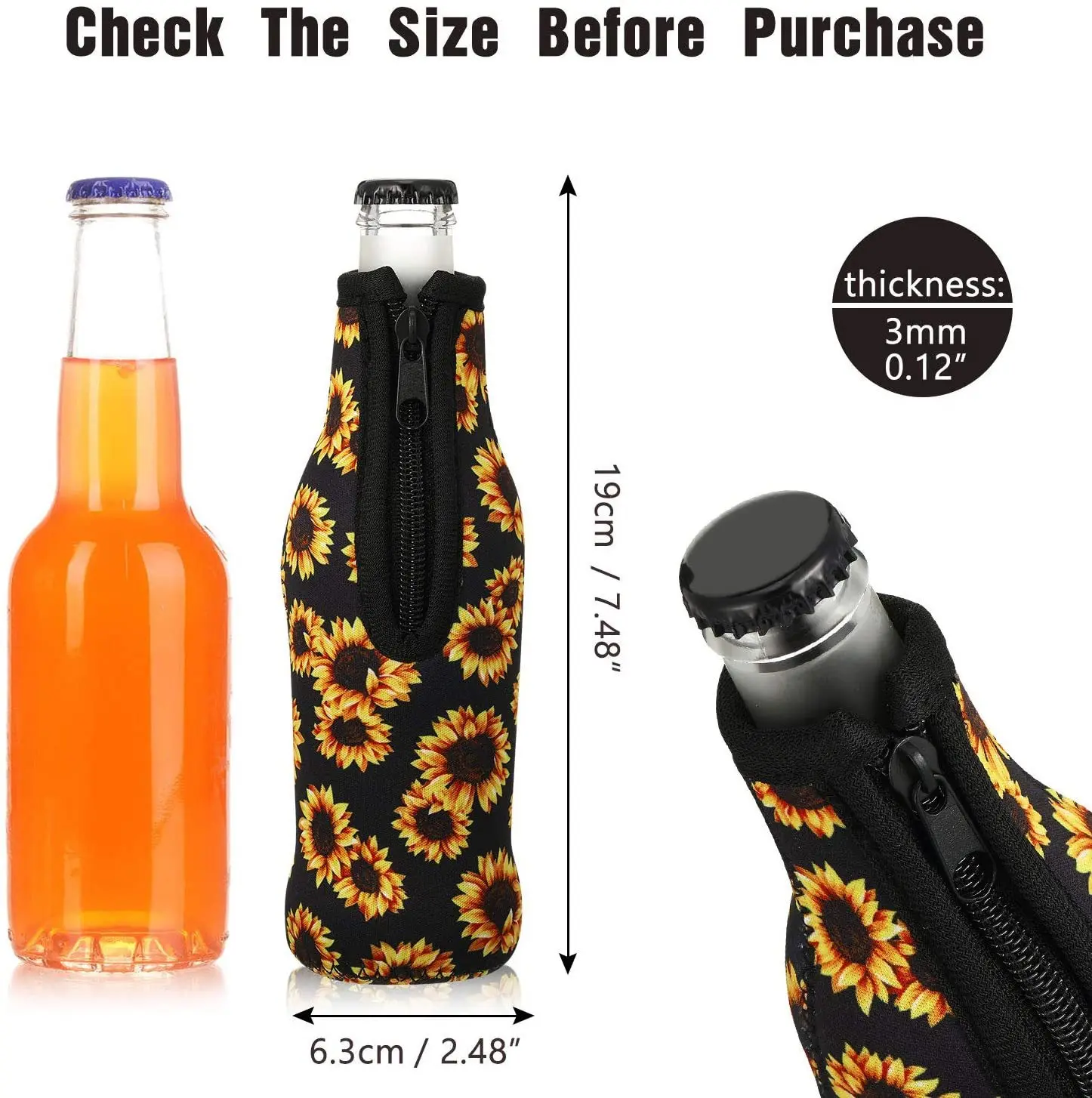 Promotional Neoprene Single Beer Bottle Holder/ Insulated Beer Bottle Cooler with Zipper Holder