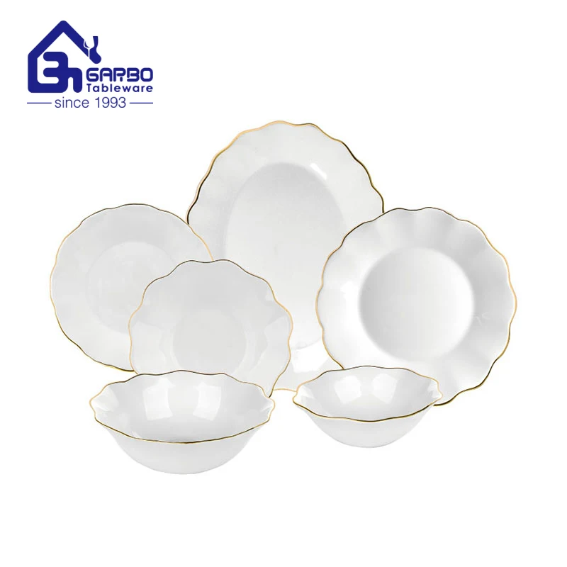 Promotion tableware opal glass 6 people use luxury 26pcs dinner set white opal glass bowl dish plate set with real gold rim