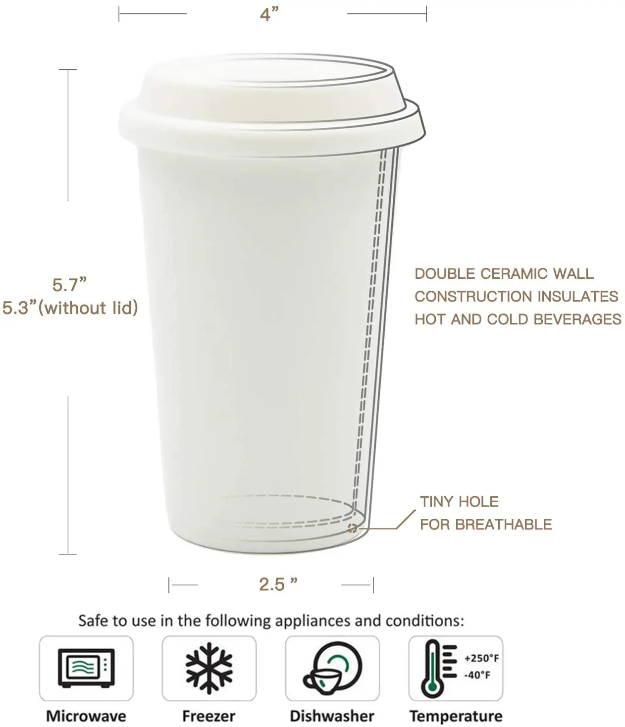 Reusable Double Wall Insulated White Ceramic Travel Coffee Cup with Lid & Sleeve