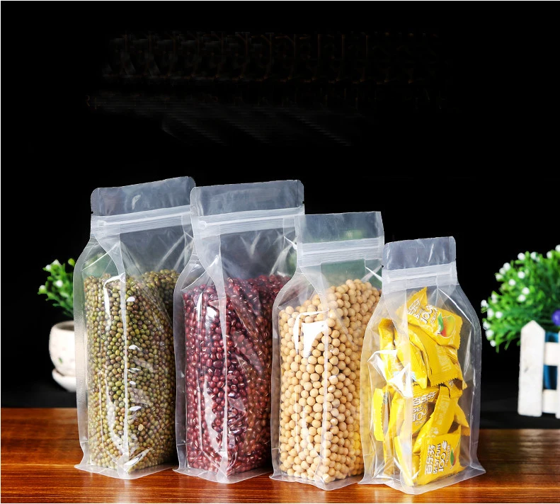 On line sale food grade side gusset flat bottom or square bottom clear plastic bags plastic bags for food