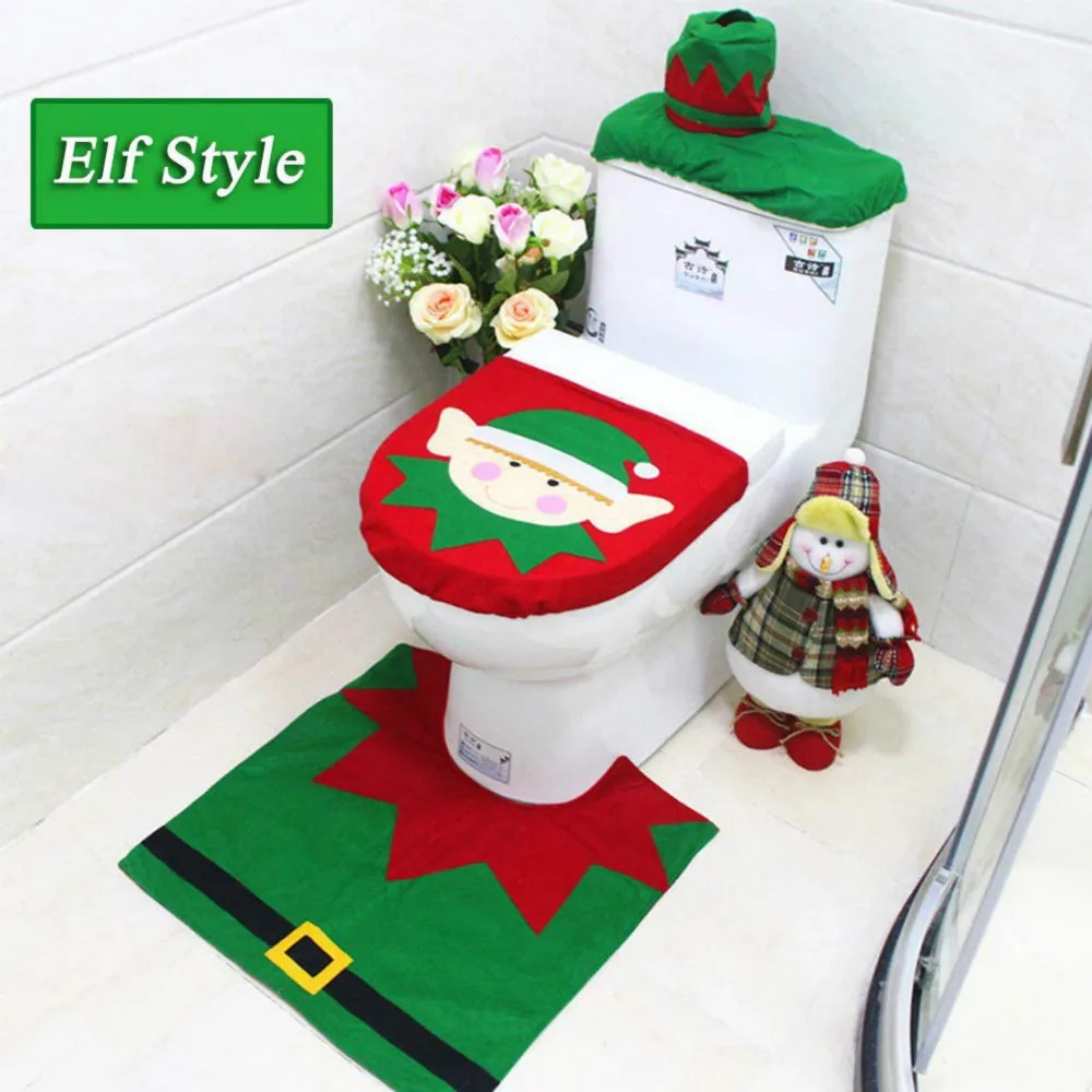 Christmas Decorations Toilet Seat Cover Bathroom Rug Set Xmas Bathroom Sets 3 Pcs