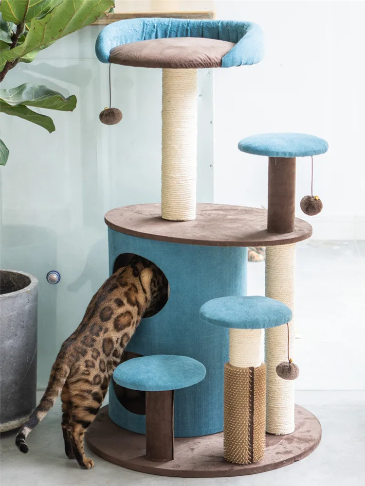 High-end royal style blue cat climbing tower frame cute princess pink cat sisal scratching tree with hair brush