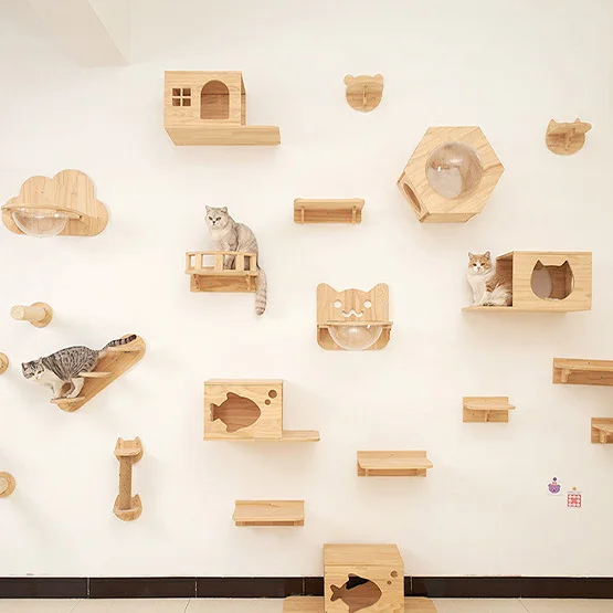 Wholesale Diy Wooden Cat Perch Wall Shelf Pine Wood Cat Climbing Frame Kitten Wall Hanging Scratching Hammock Stair Room