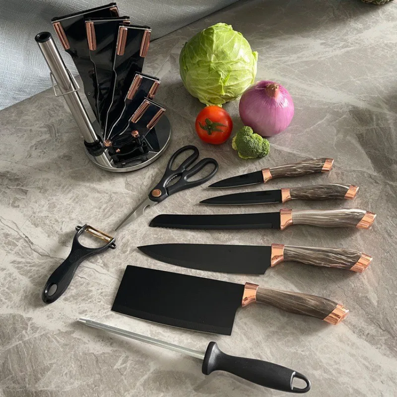9PCS Knife Sets Marble Handle Rotating Kitchen Tool Meat Chef Bread SliceMeat Chef Bread Slice  Utility Paring Knives