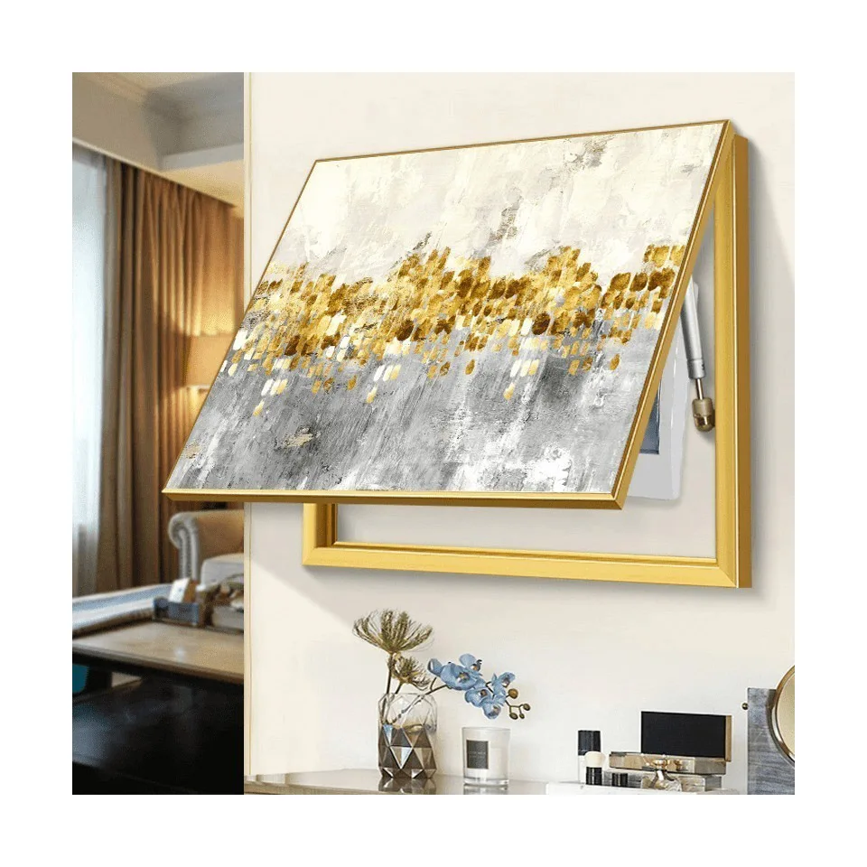 Home Decor Aluminum Alloy Framed  Electric Lock Box Wall Art Abstract Gold luxury Punch-Free Electric Meter Box Hanging Painting