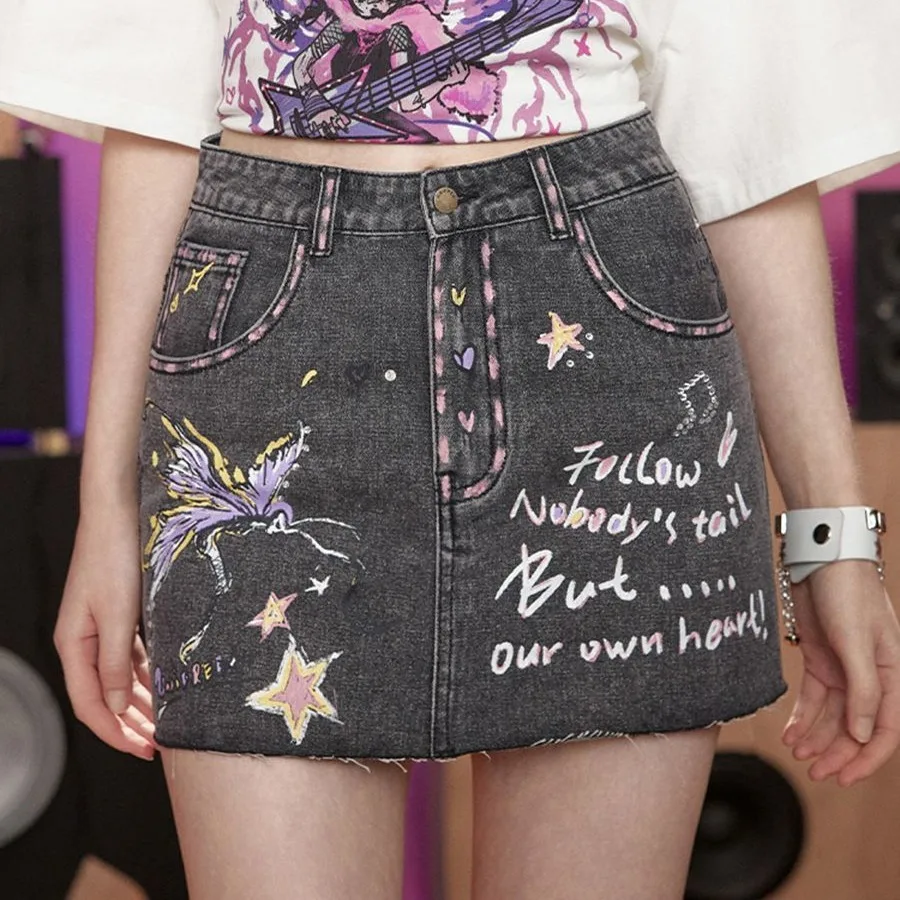 2024 Charming Female New Vintage Hotgirl Rave Colorful Detail embroidery Raw Hem Denim Mini Skirt