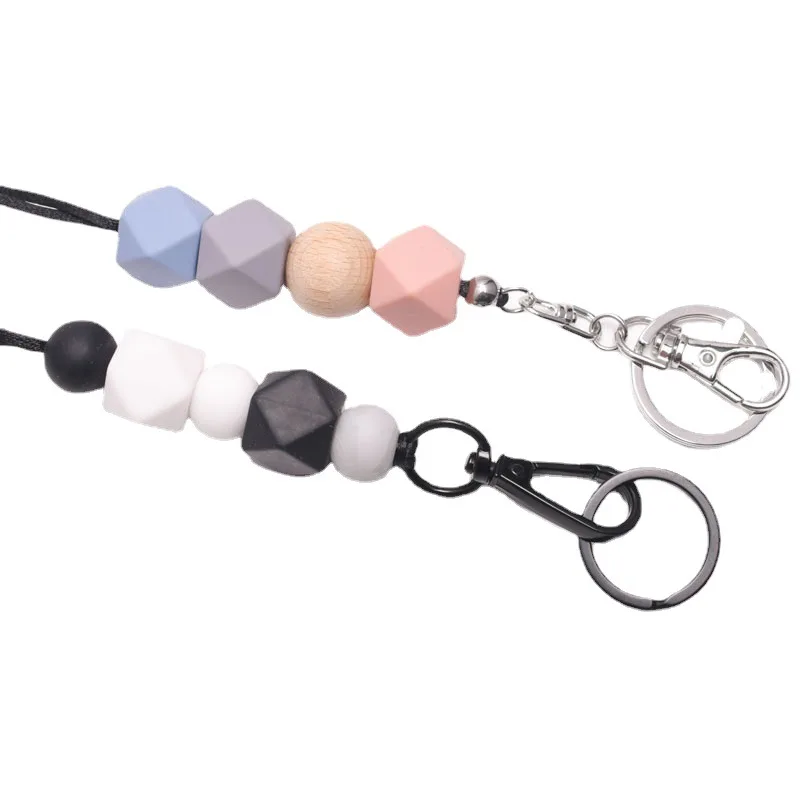 Leopard Print Silicone Round Bead Keychain Long Rope Hanging White K Hanging Card Black Lanyard