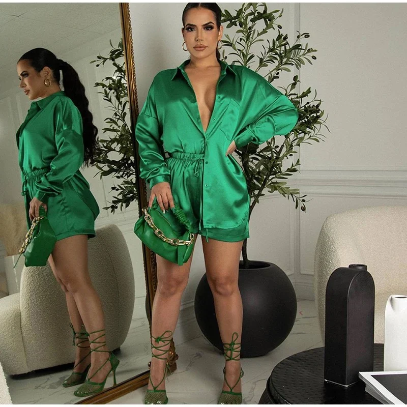 Summer High elastic satin shoulder-length sleeve top with wide-leg short pant two-piece suit