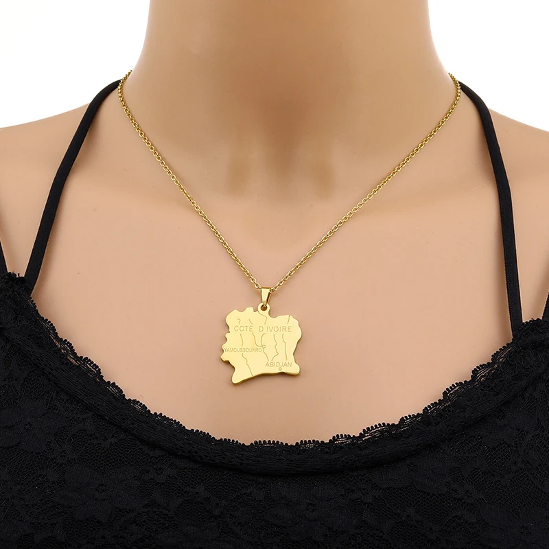 New Ivory Coast Map Necklace Fashion Jewelry Men Geometric Stainless Steel Pendant Necklace Gold Plated Statement Necklace
