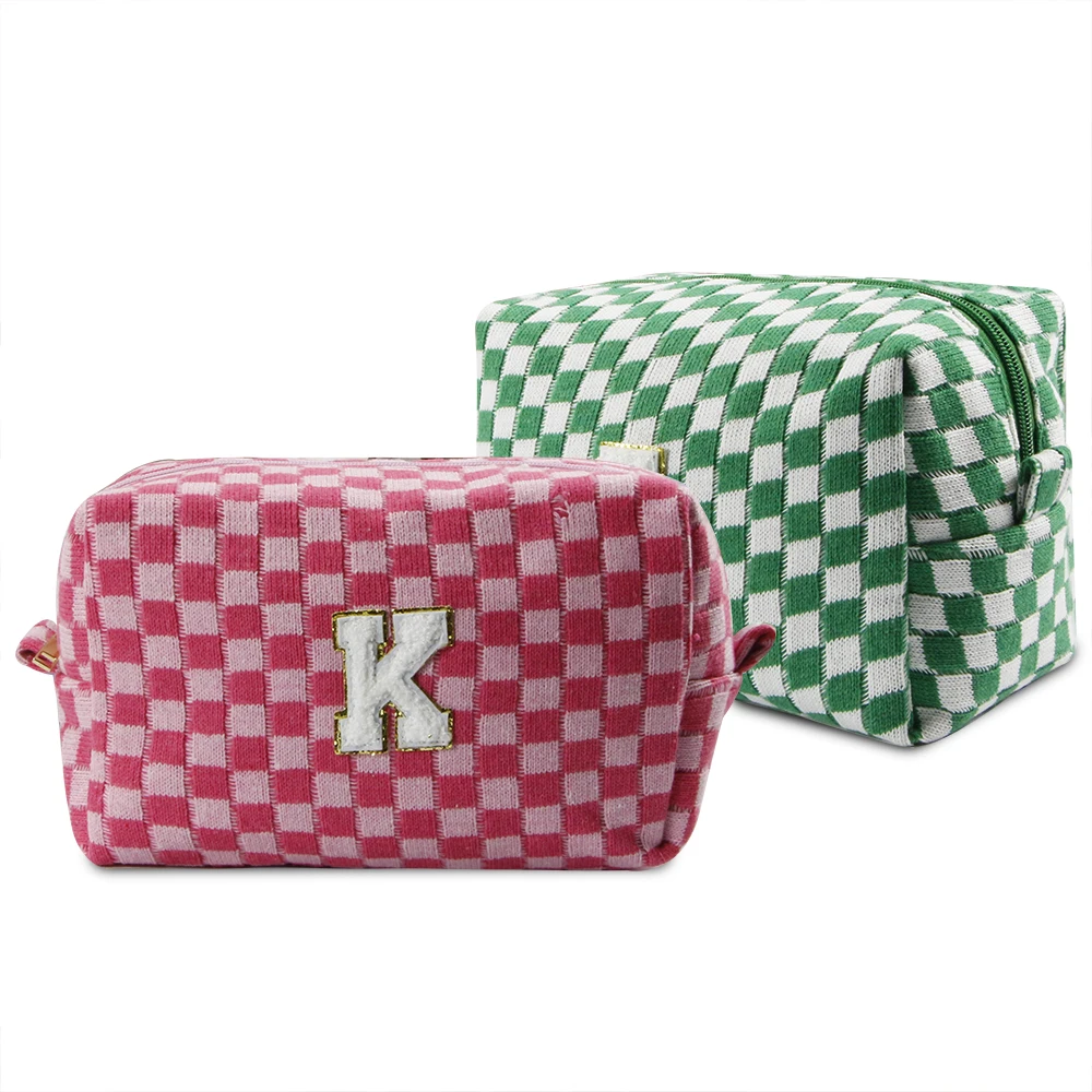 Настраиваемая вышивка вязаная клетчатая косметичка на молнии полиэфирная подкладка большая емкость для косметики