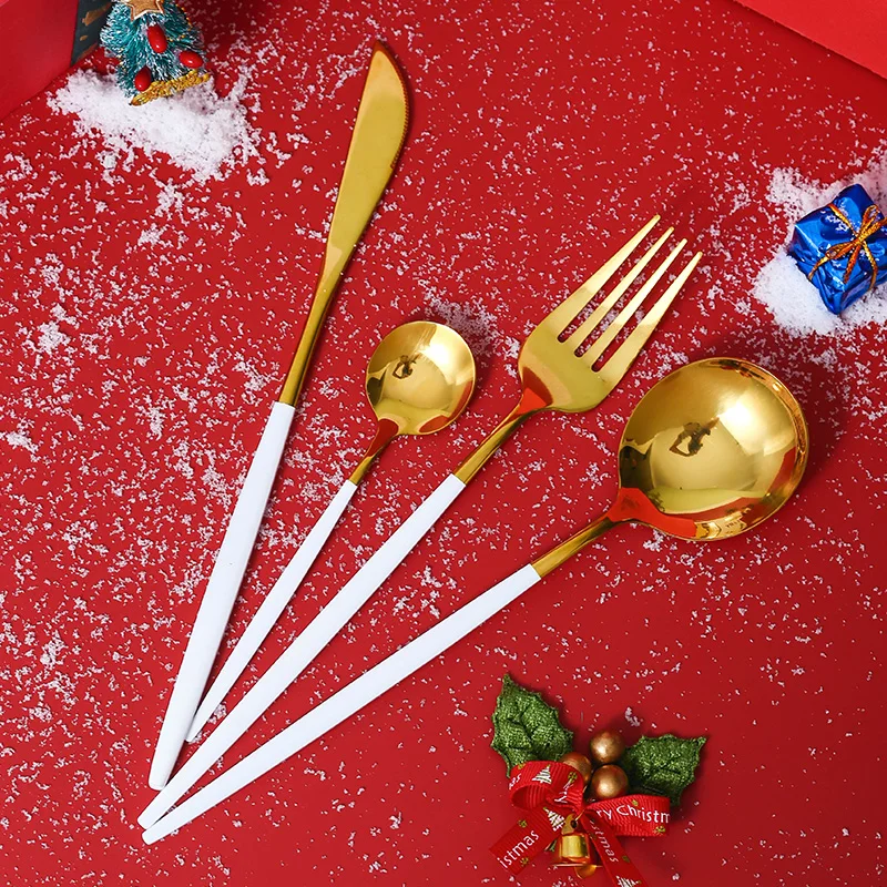 
Christmas Cutlery Hot Sale Luxury 24 Pieces Food Grade Stainless Steel Black Gold Flatware Set With Gift Box 