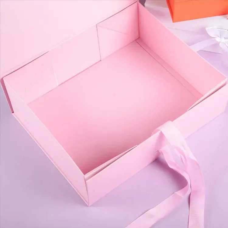 Personalised luxury wholesale christmas pink square magnetic gift present collapsible rigid box with ribbon