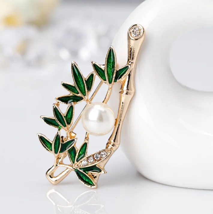 XZAL269 Fashion Elegant Bamboo imitation pearl Brooches Fancy Plant Enamel brooches wholesale