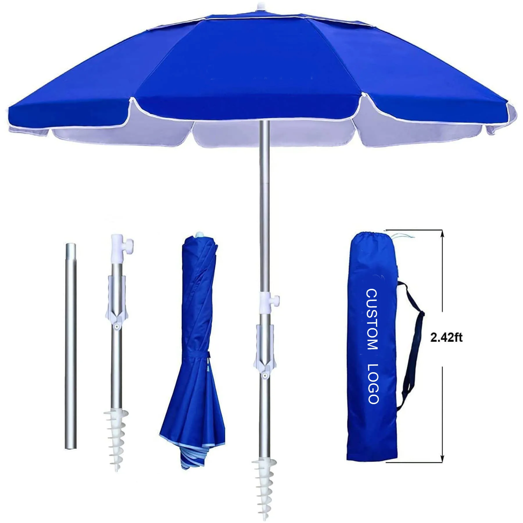6.5ft Beach Umbrella with Tilt Portable Silver Coating UV Protection Stripe Aluminum Pole Beach Parasol for Travel Sun Outdoor