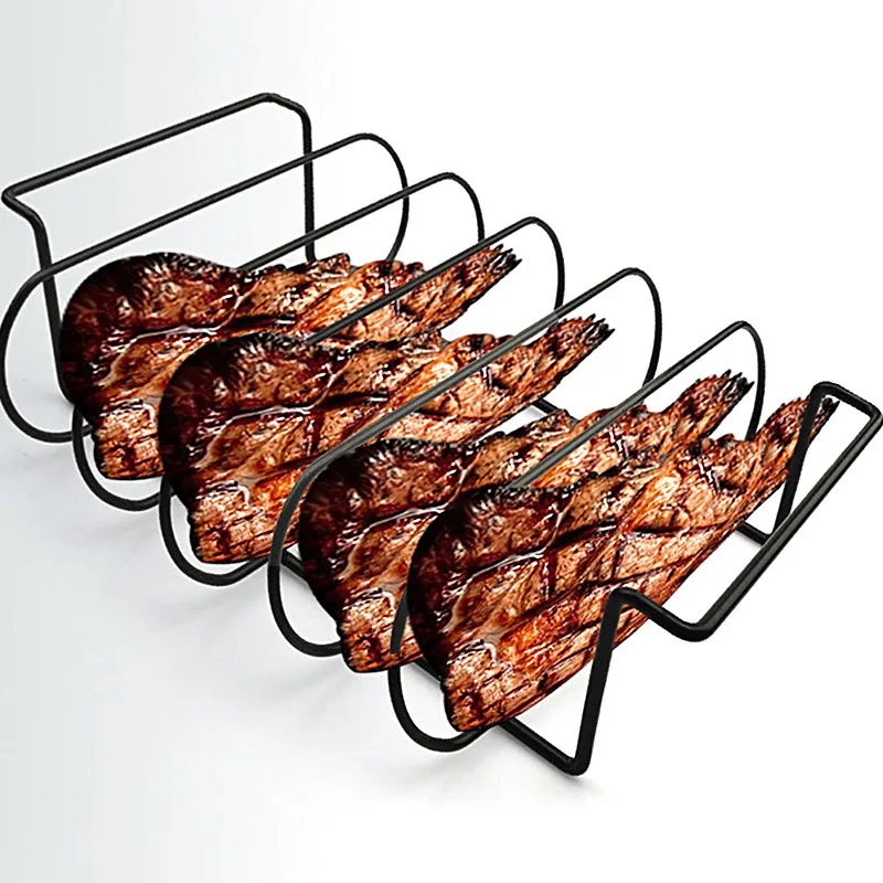 Outdoor Stainless Steel Ribs Rack Holds 4 Ribs- BBQ Grill Racks Rib Holder for Charcoal Gas Smoking Grilling