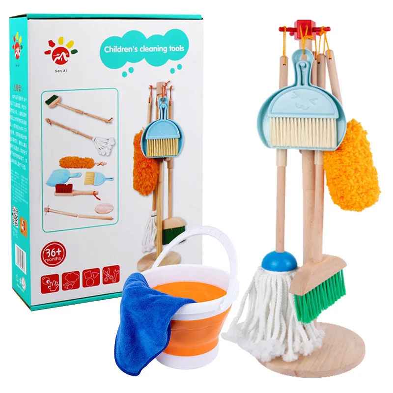 Kids play Preschool kids pretend to play wooden household cleaning tool play set toys