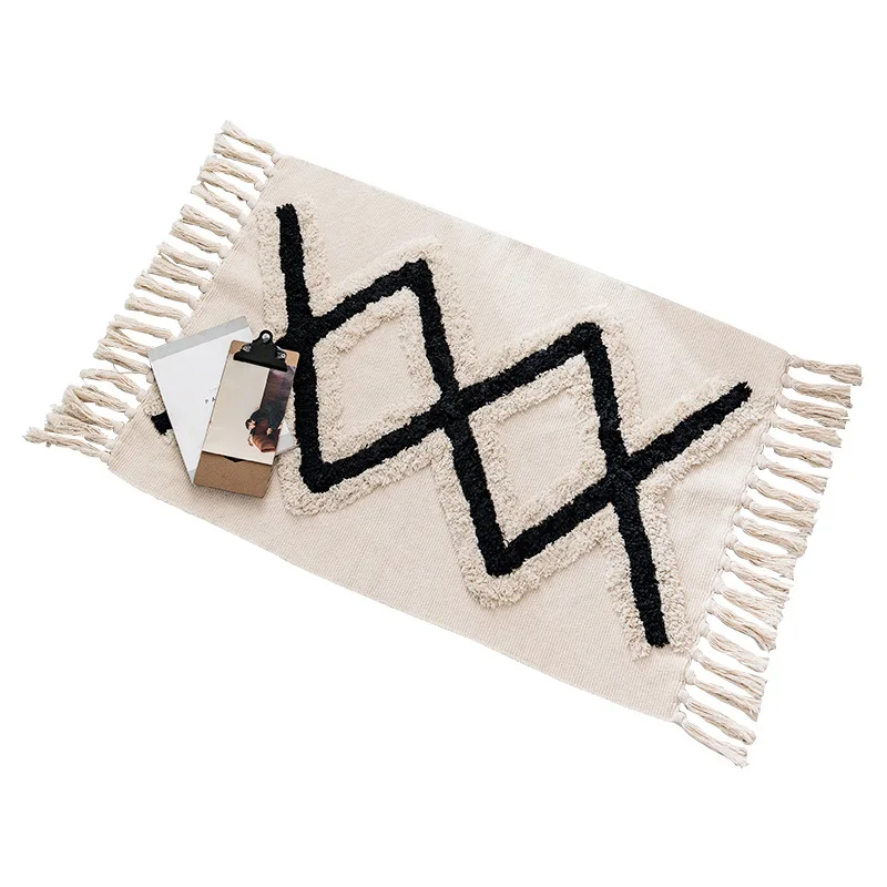Boho Machine Washable Cotton Woven Tufted Area Rug with Tassels Moroccan Printed Bath Rug Indoor Doormats Entryway Rug