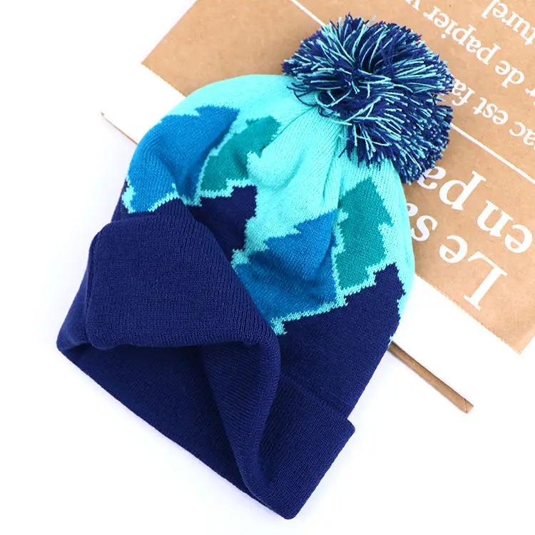 winter ski customized jacquard acrylic knitted cuff bobble hat knit hat pom pom beanie with custom logo