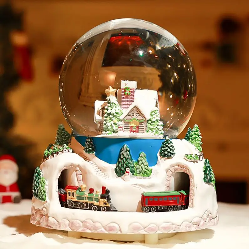 Customizable Christmas Train Snow Globe with Rotating Train Resin Base Water Globe Glass Blowing Snow Christmas Music Slot Toys