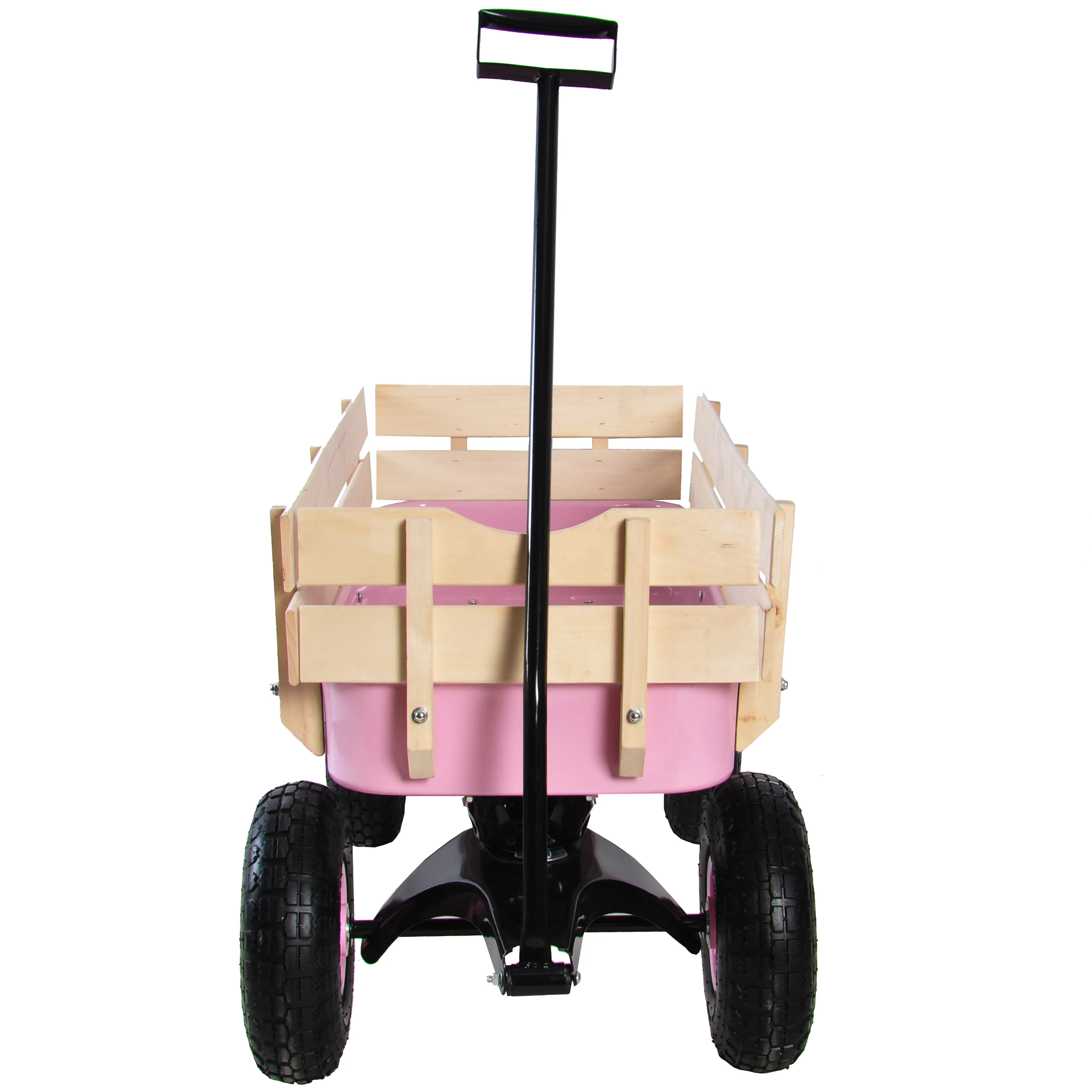 Outdoor cart with wood railing, all-terrain pneumatic wheels, rotatable handle.