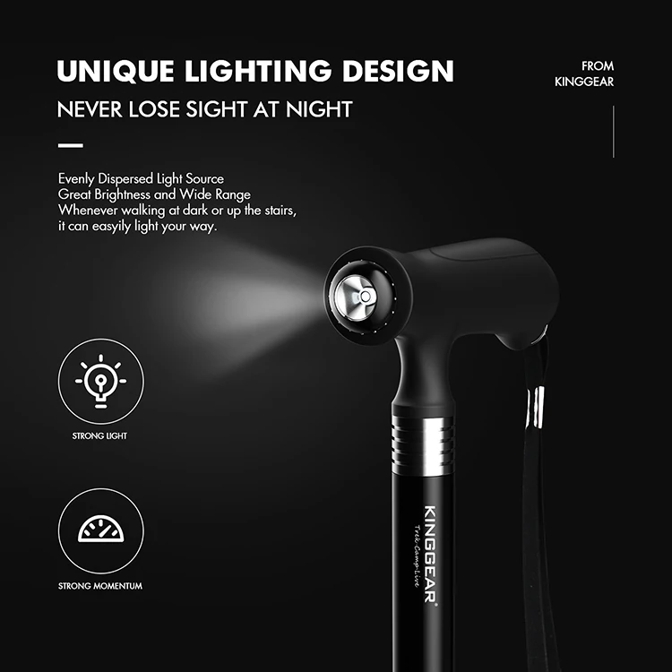 KingGear Custom aluminum nordic Lightweight Led light 3 legs rubber Adjustable Folding Walking Canes Sticks For elder