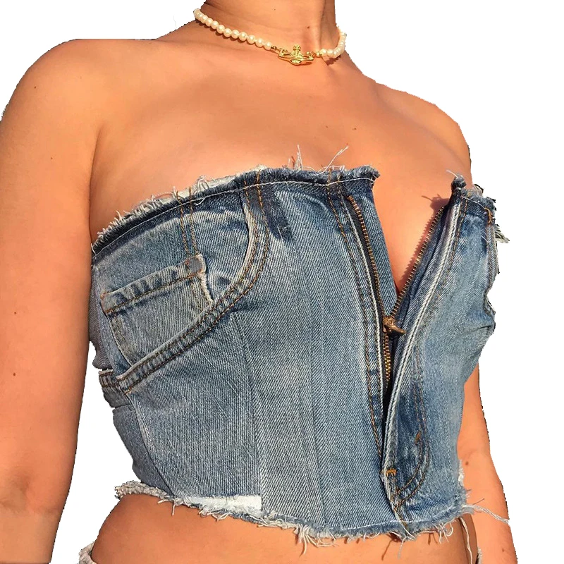 
2021 New arrivals summer collection women sexy off shoulder fashion Denim blouse ladies crop tops women tops 