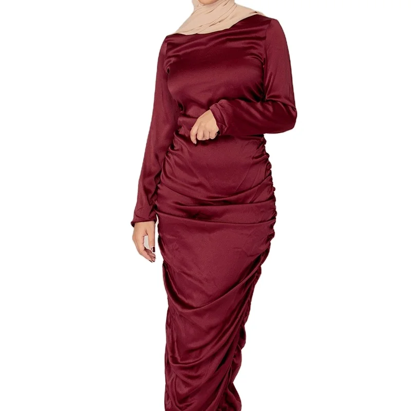 Wholesale Fashion Solid Maxi Dress for Women Eid 2023 Long Sleeve Slim Waist Mermaid Arabic Oman Muslim Clothes With Ruffle