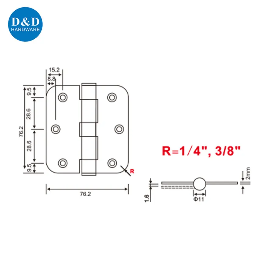 3 inch Stainless steel single action round corner american style door hinges for internal door