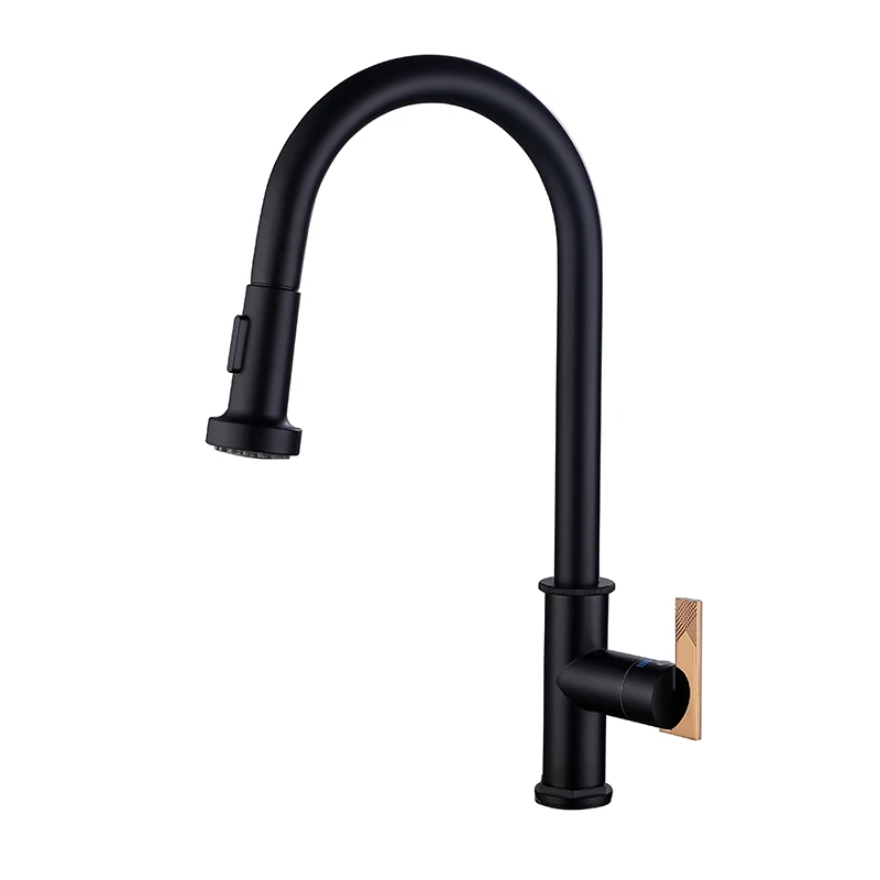 China Industrial Style New Models Sanitary Ware Rose Gold Black Pull Down Kitchen Faucet For Sink (1600366103436)
