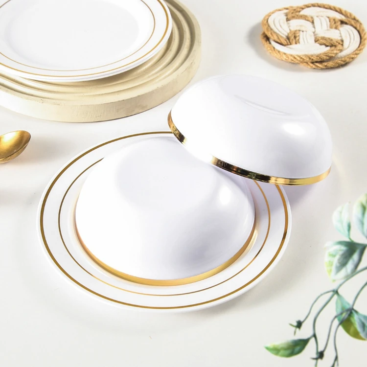 Hot sell Gold Rim 3.5 4.5 5.57 8inch Soup Sauce Salad Bowl Gift Set Bronzing side bowl disposable plastic large diameter bowl