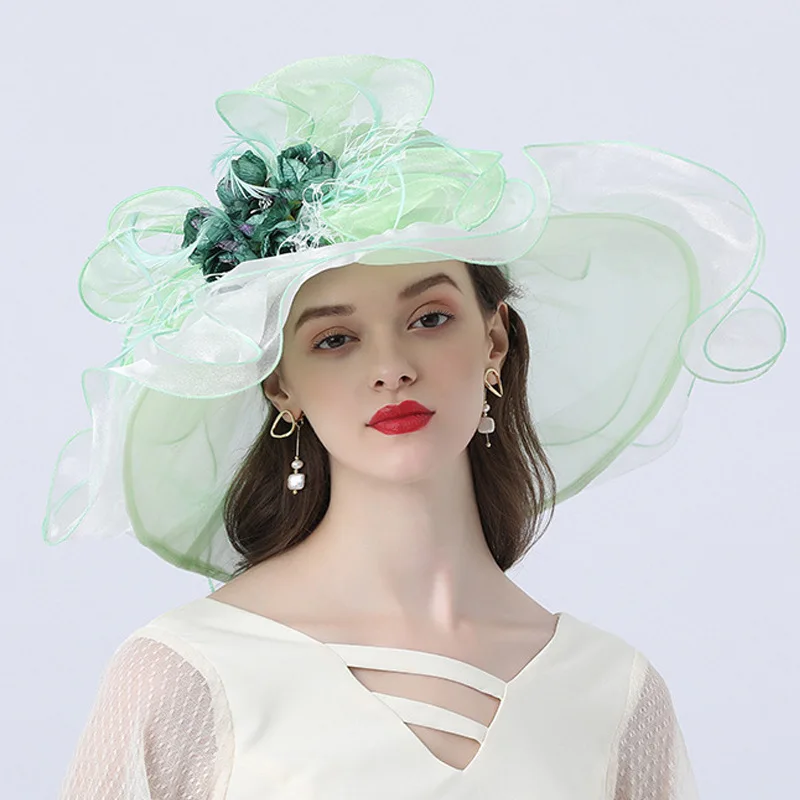 Women Sun Hat Ruffles Brim Organza Church Wedding Dress Party Hat With Detachable Flower
