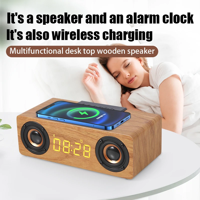 Custom Hifi Surround sound Wooden wifi speakers Bass Smart 5.1 BT Wood Wireless Speaker with alarm clock and wireless charging