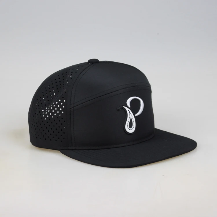 Custom High Quality 7 Panel Laser Cutting Hole Perforated Hat,Red PVC Rubber Patch Logo Snapback Caps